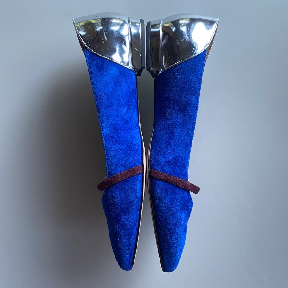 Blue Suede & Metallic Silver Mary Jane Flats